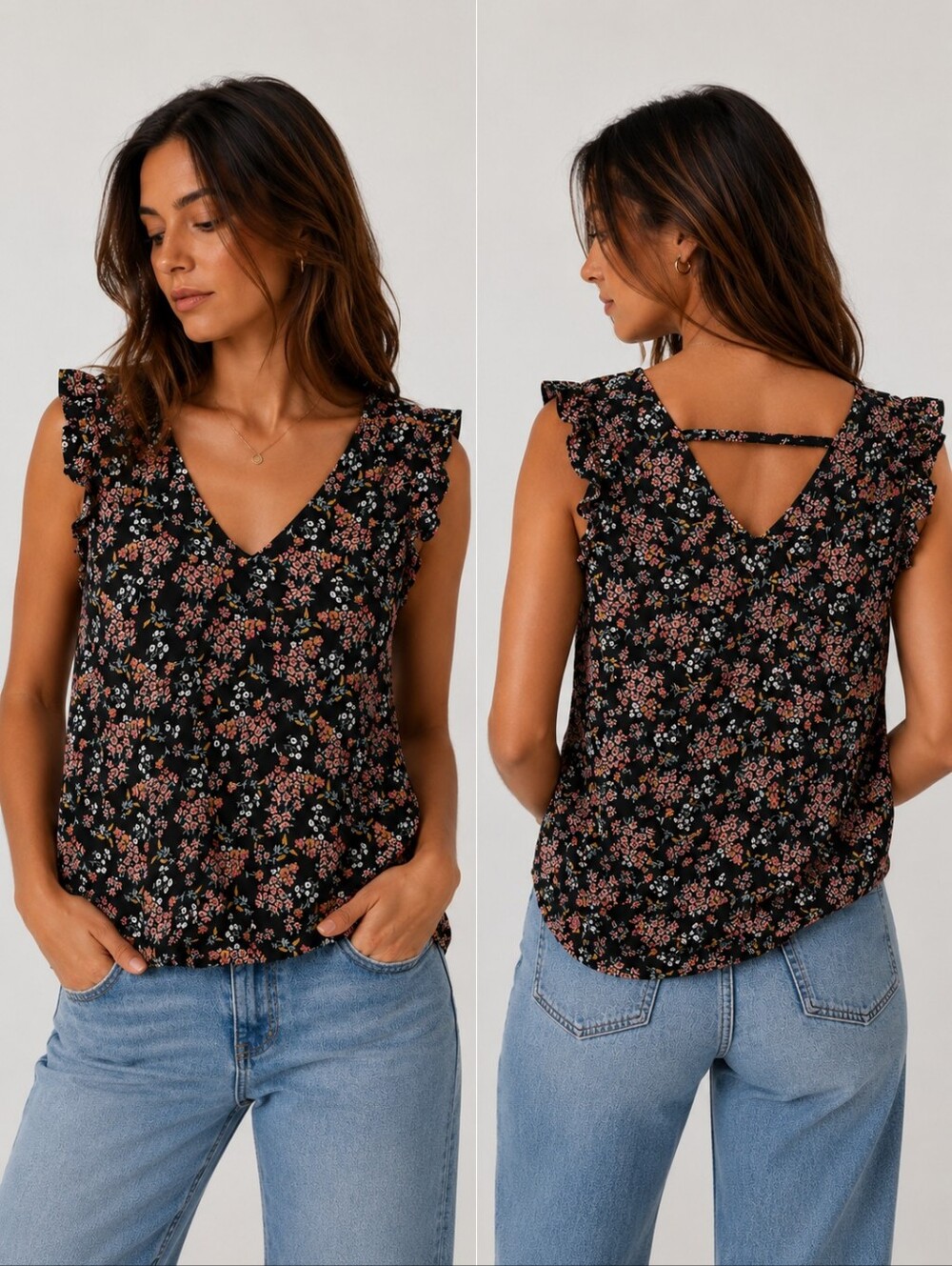 🌸🖤🌷LOFT Black & Pink Floral Flutter Sleeve Tank Top Camisole Blouse Open Back